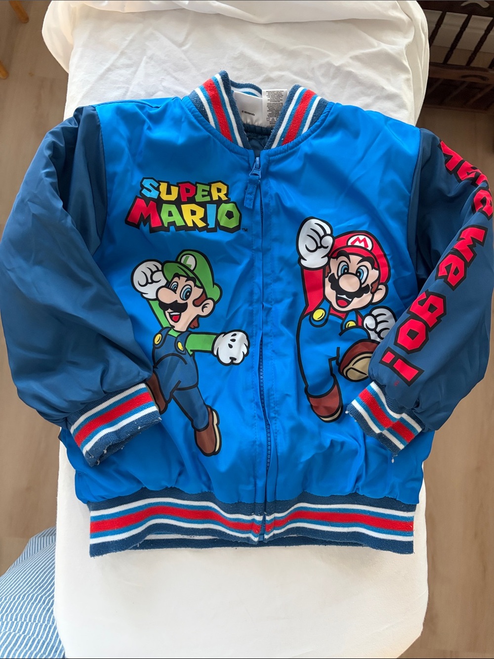 Nintendo Super Mario Blue Quilted Jacket with Red & White Stripes